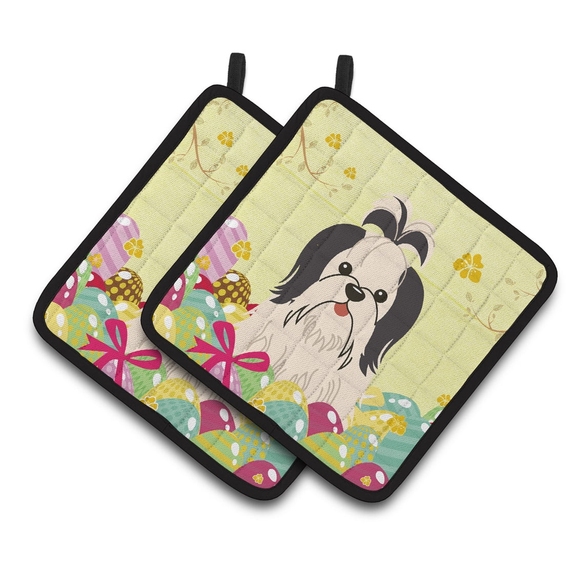 Easter Eggs Shih Tzu Black & White Pair of Pot Holders