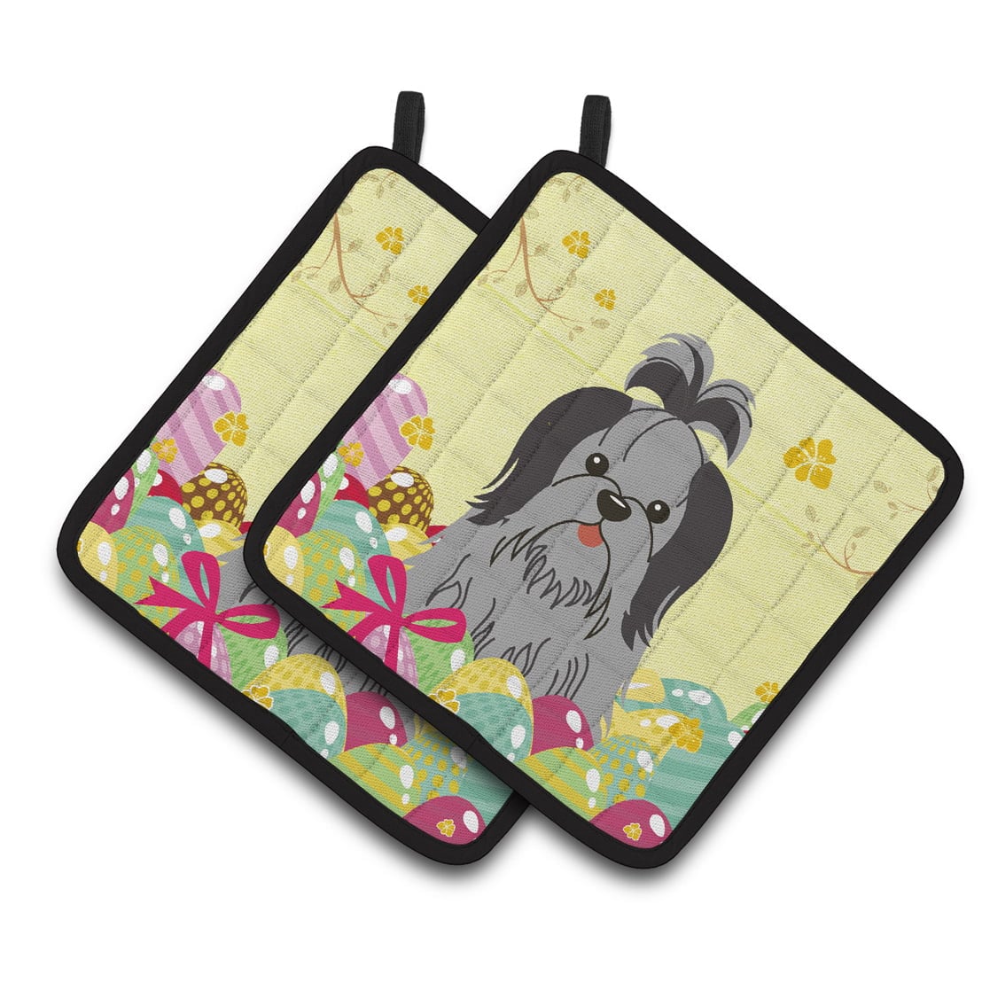 BB6089PTHD Easter Eggs Shih Tzu Black Silver Pair of Pot Holders