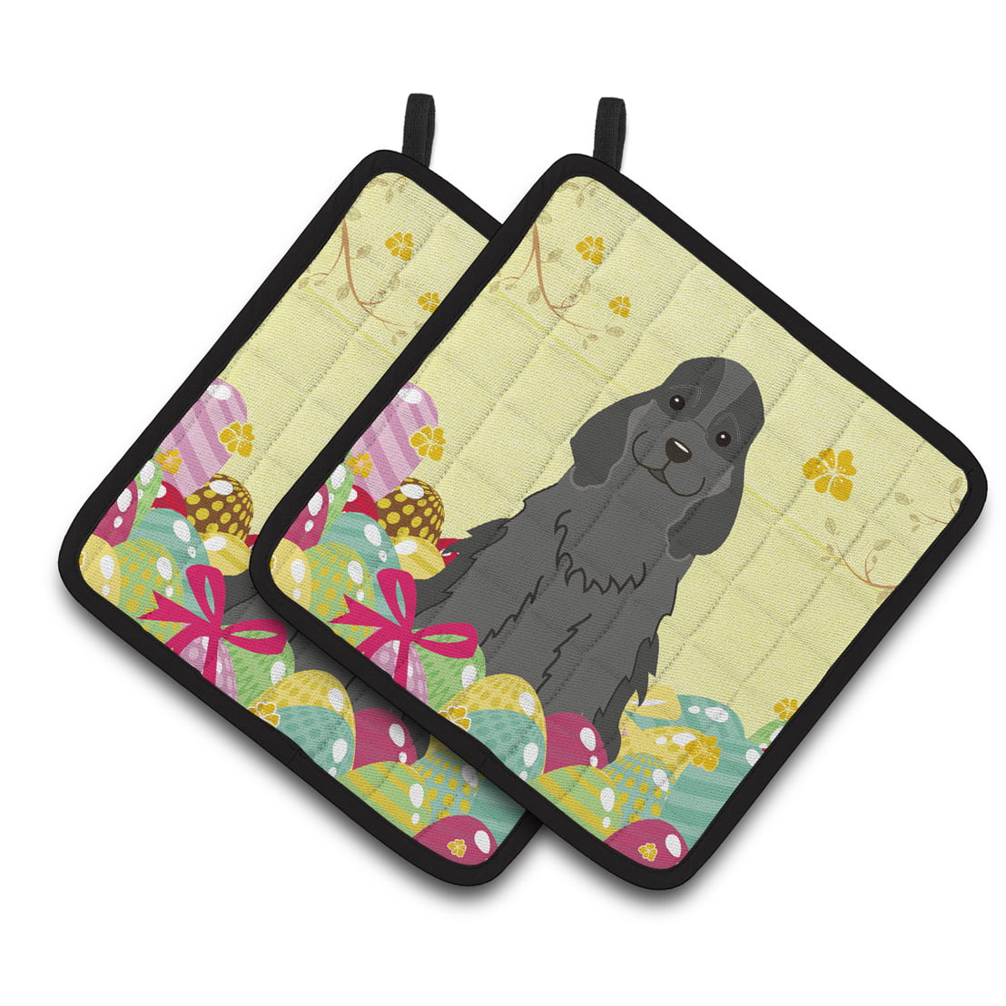BB6092PTHD Easter Eggs Cocker Spaniel Black Pair of Pot Holders