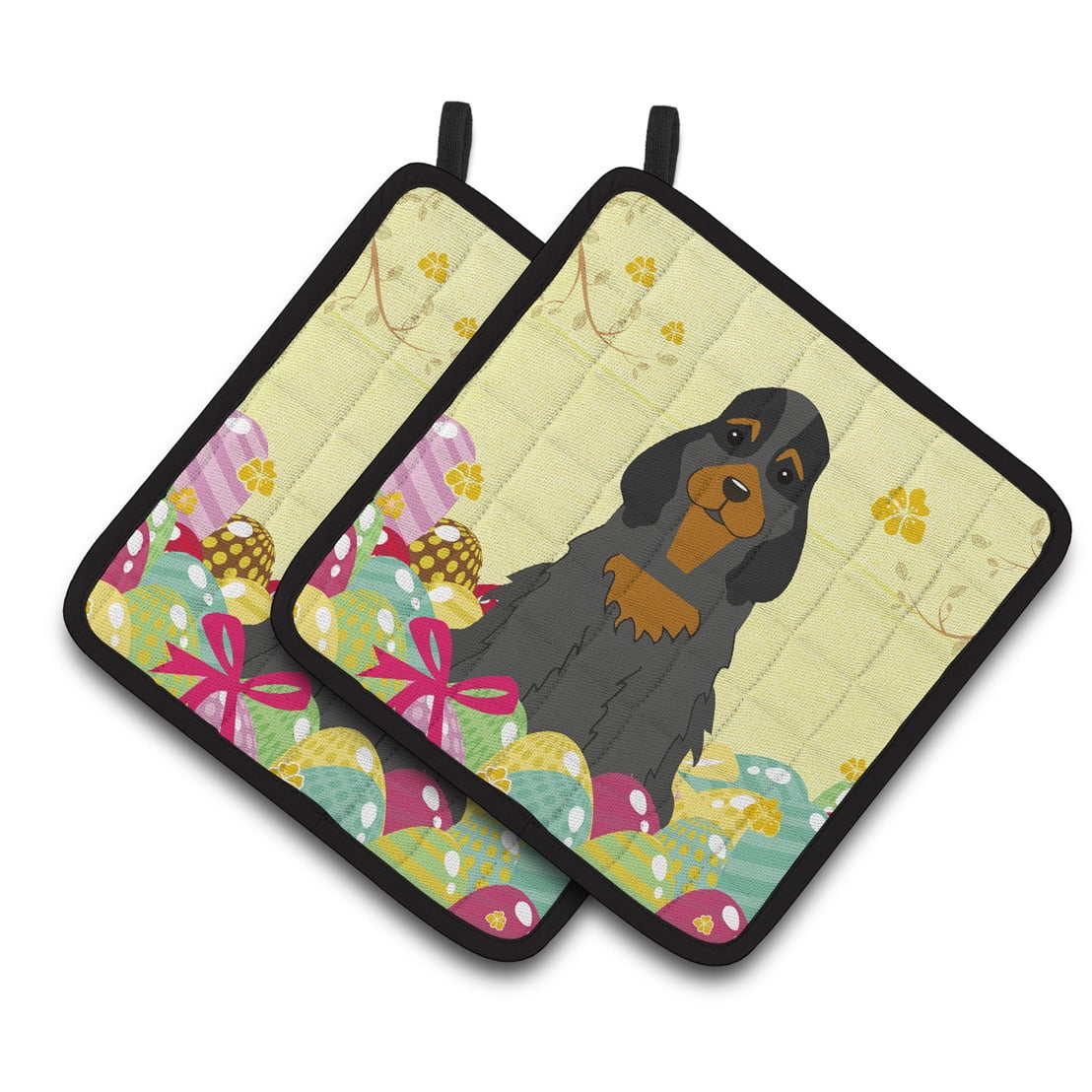 BB6093PTHD Easter Eggs Cocker Spaniel Black Tan Pair of Pot Holders