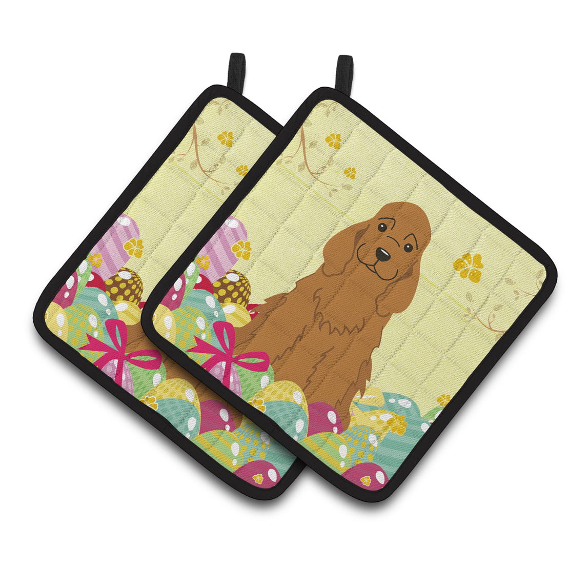 BB6095PTHD Easter Eggs Cocker Spaniel Red Pair of Pot Holders