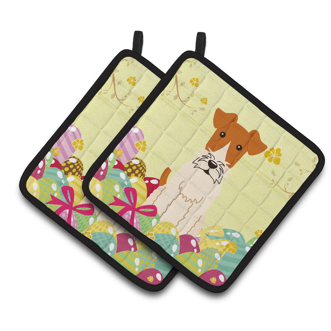 BB6101PTHD Easter Eggs Wire Fox Terrier Pair of Pot Holders