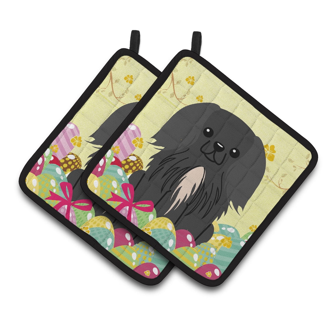 BB6107PTHD Easter Eggs Pekingnese Black Pair of Pot Holders