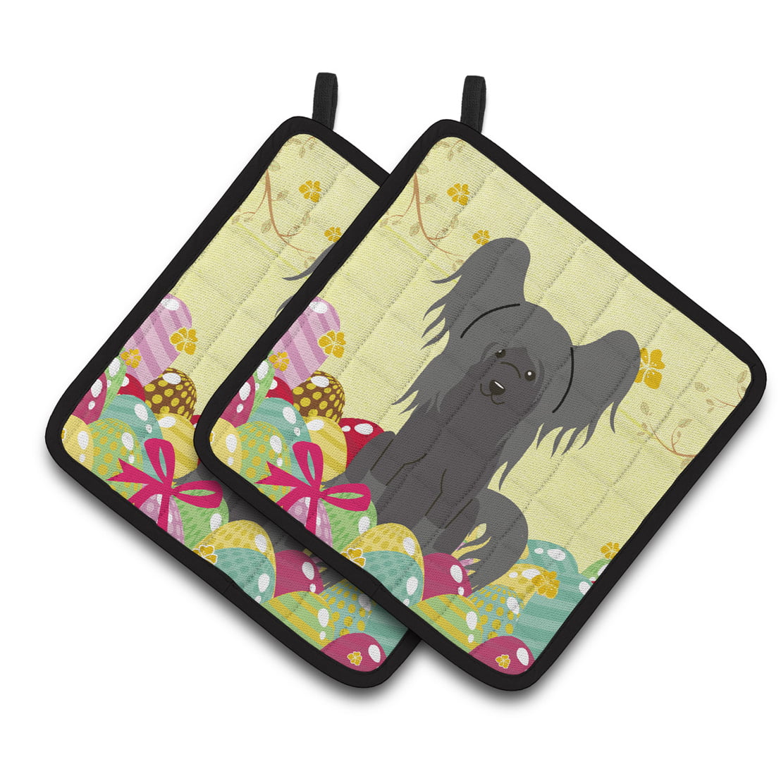 Easter Eggs Chinese Crested Black Pair of Pot Holders