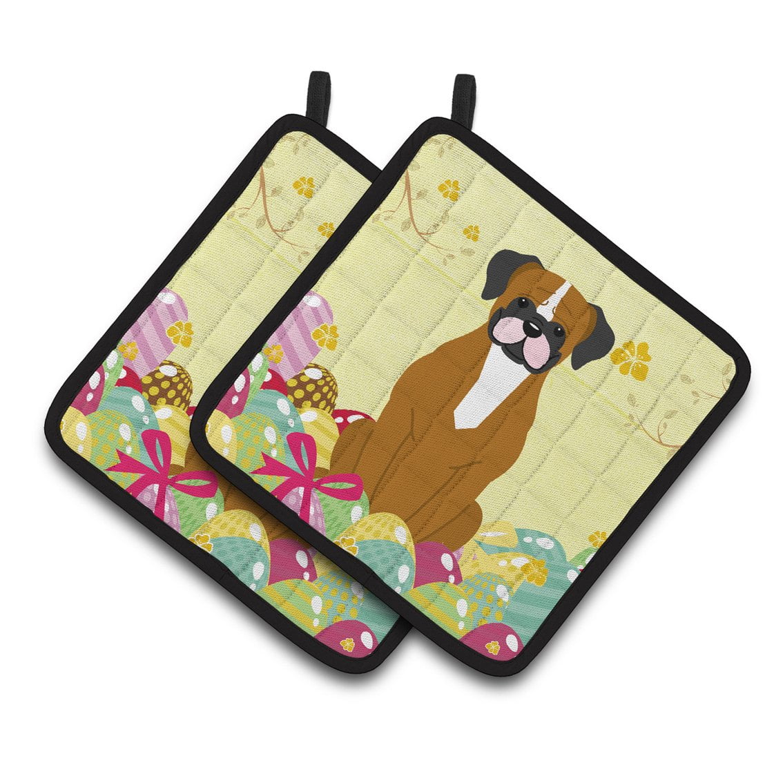 BB6116PTHD Easter Eggs Flashy Fawn Boxer Pair of Pot Holders