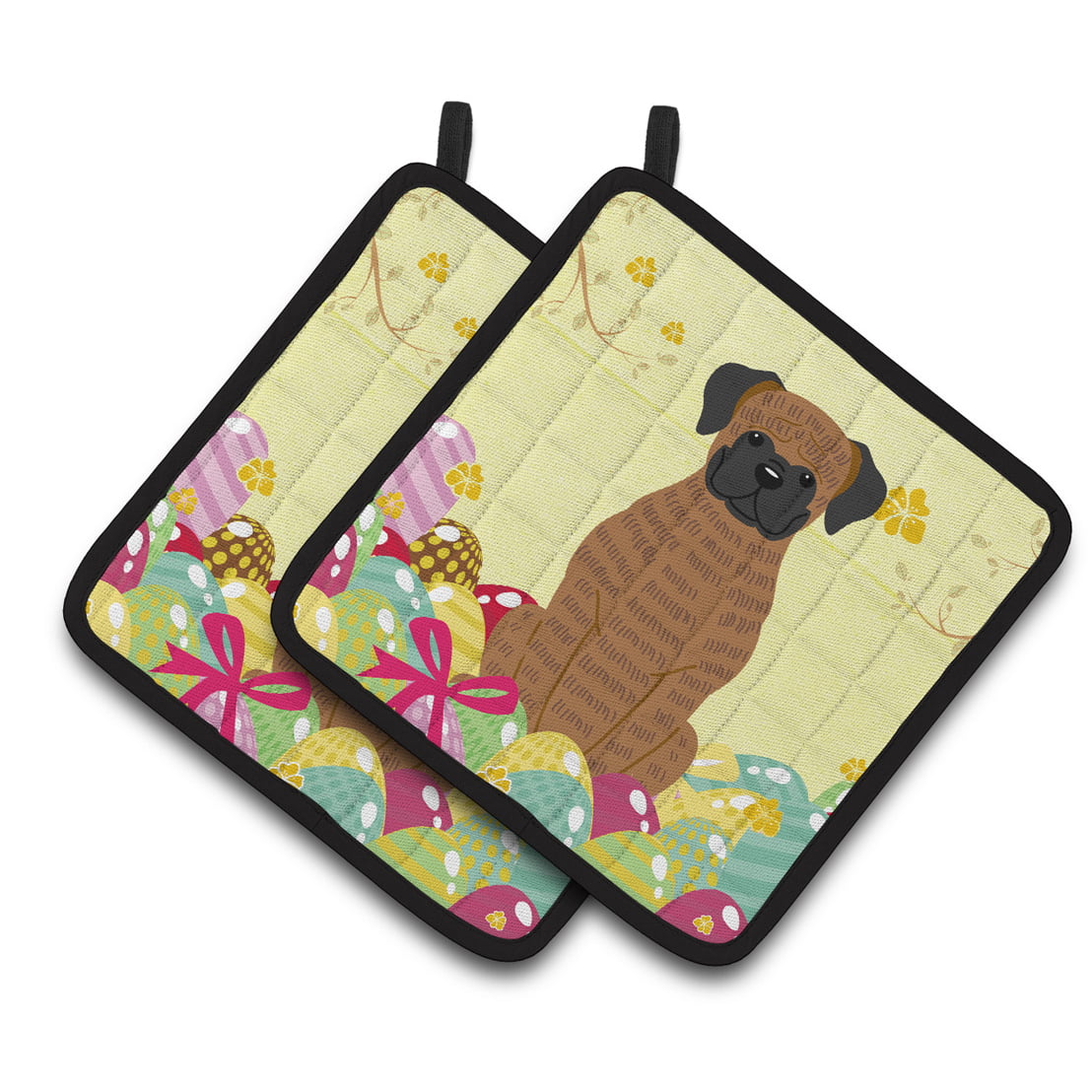 BB6117PTHD Easter Eggs Brindle Boxer Pair of Pot Holders
