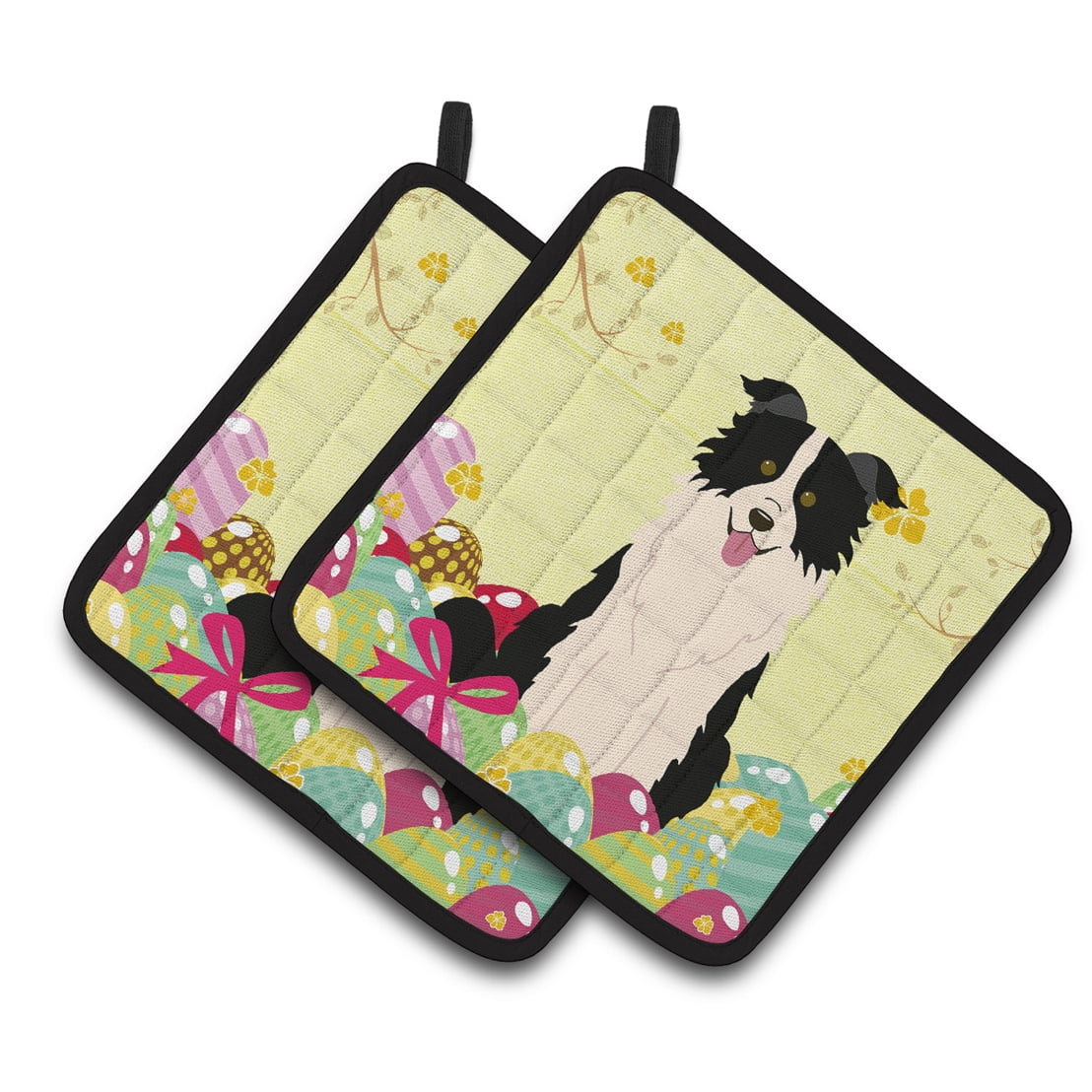 Easter Eggs Border Collie Black & White Pair of Pot Holders