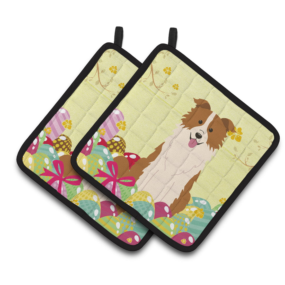 BB6119PTHD Easter Eggs Border Collie Red White Pair of Pot Holders