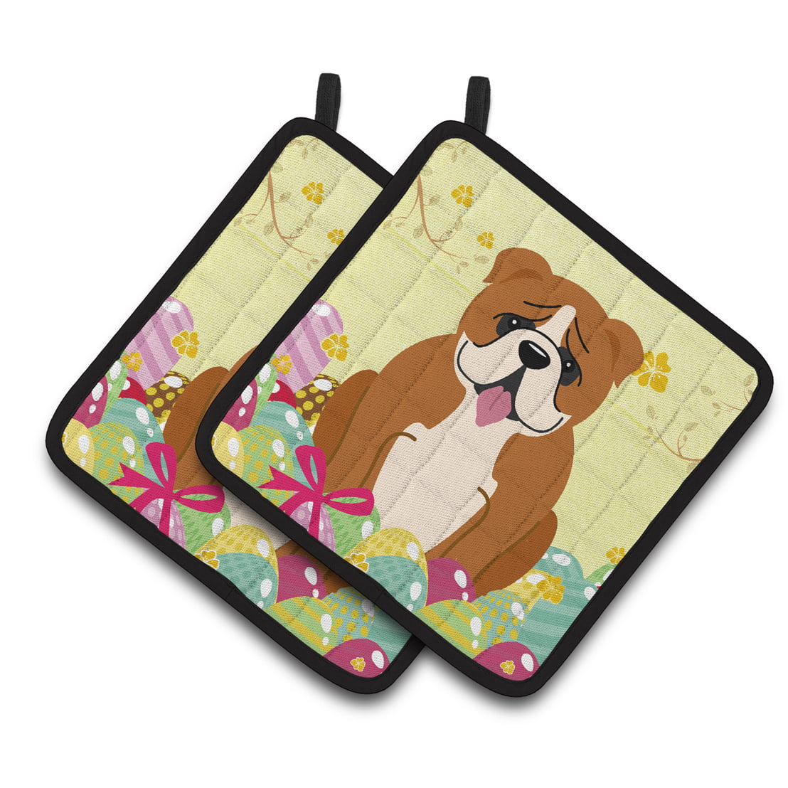 BB6120PTHD Easter Eggs English Bulldog Red White Pair of Pot Holders