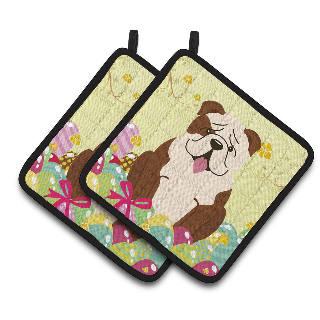 BB6121PTHD Easter Eggs English Bulldog Brindle White Pair of Pot Holders