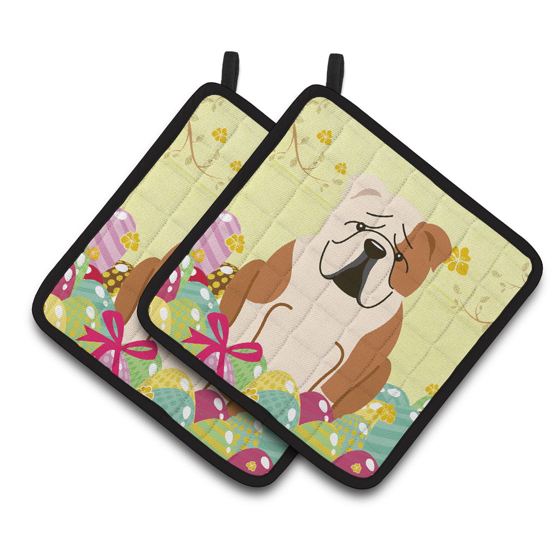 Easter Eggs English Bulldog Fawn White Pair of Pot Holders