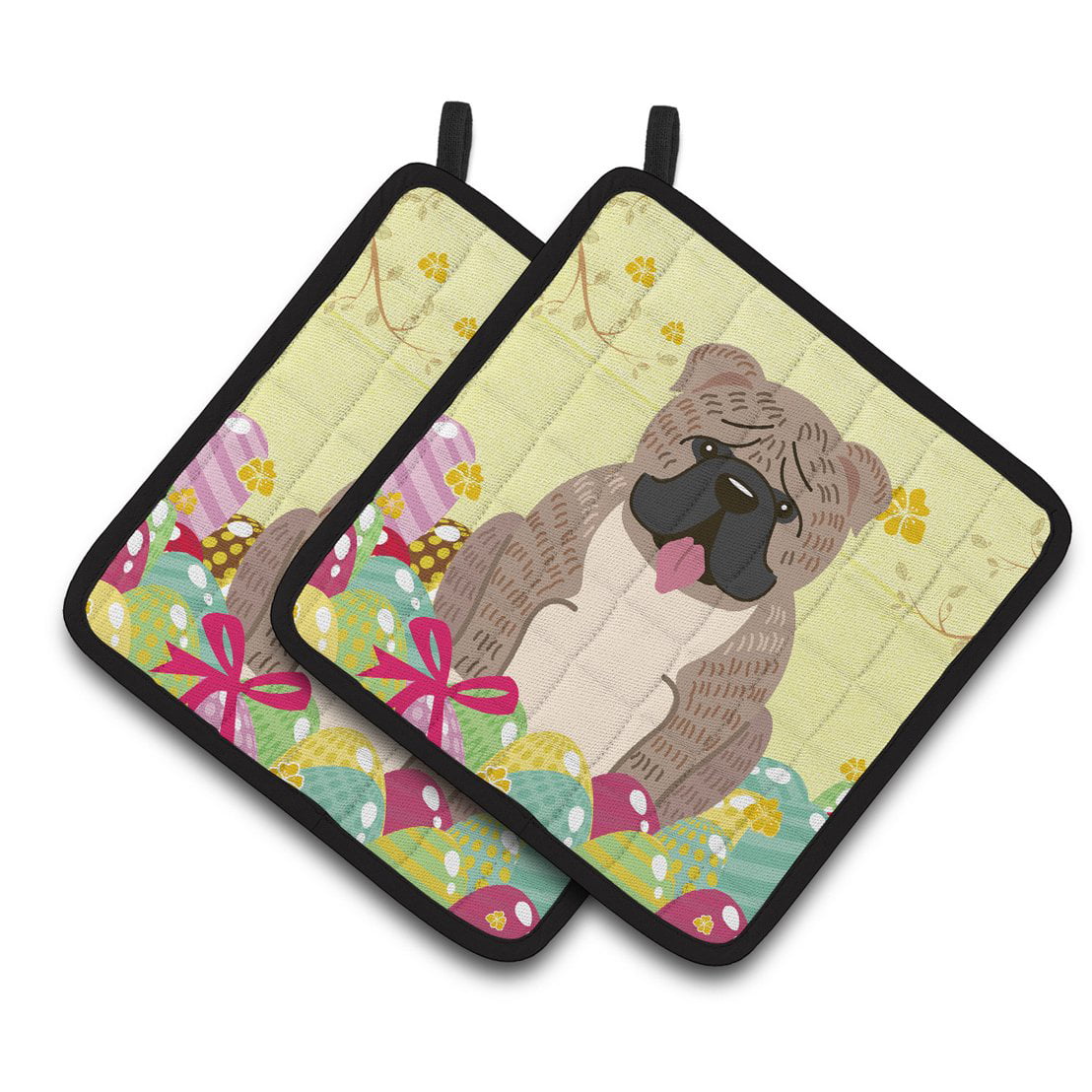BB6126PTHD Easter Eggs English Bulldog Grey Brindle Pair of Pot Holders