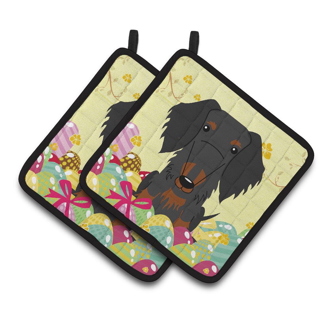 BB6127PTHD Easter Eggs Wire Haired Dachshund Black Tan Pair of Pot Holders