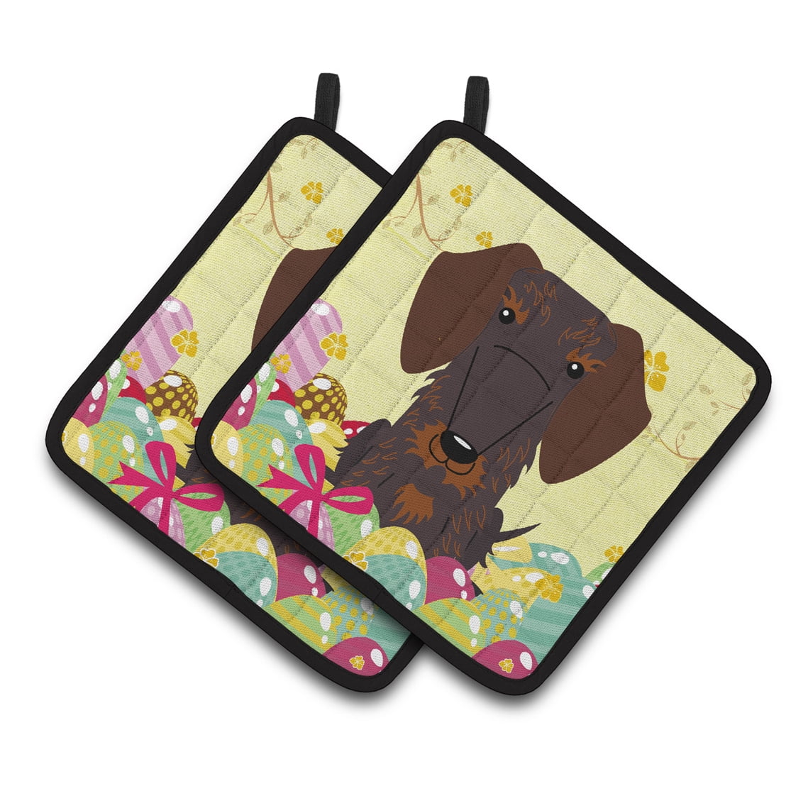 BB6129PTHD Easter Eggs Wire Haired Dachshund Chocolate Pair of Pot Holders