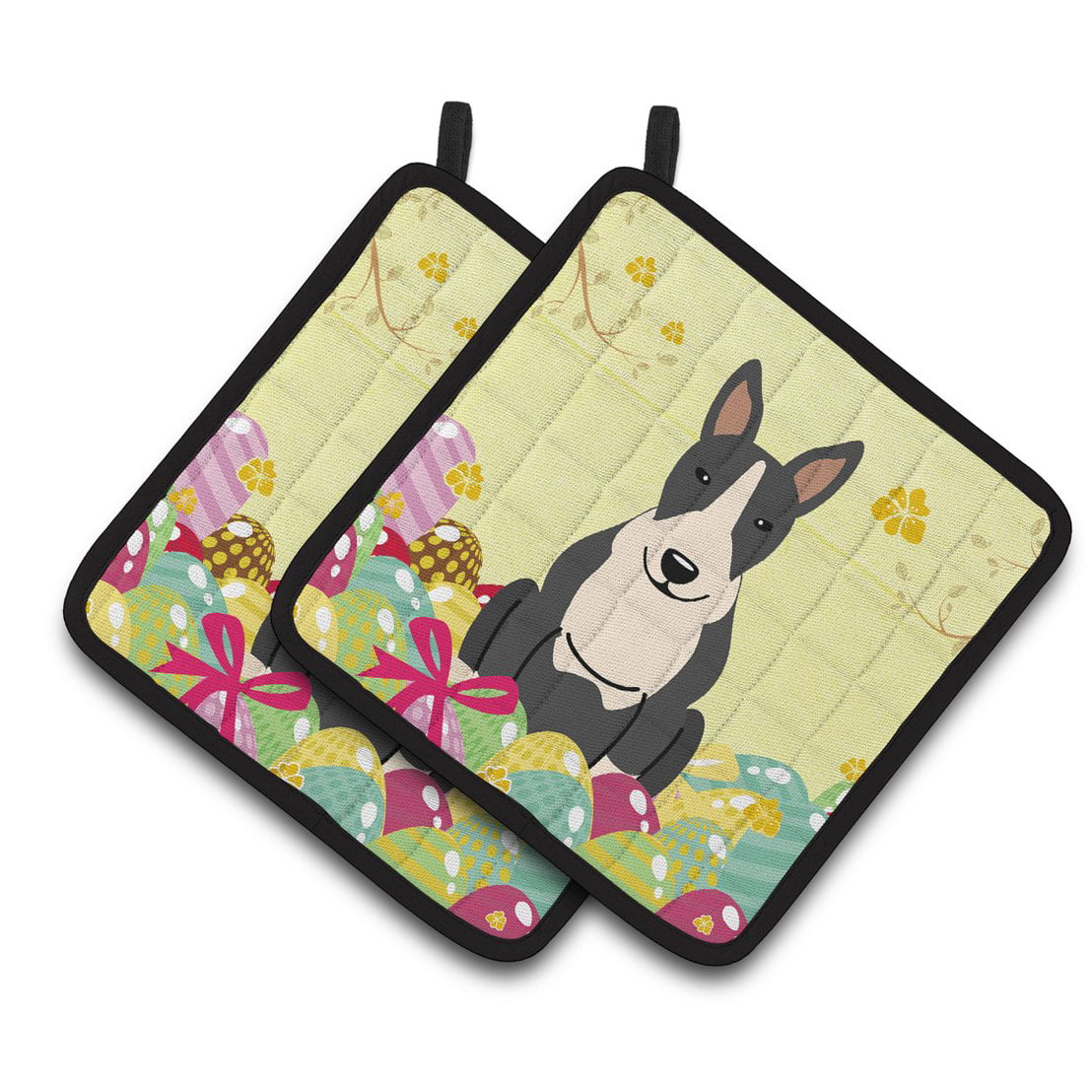 Easter Eggs Bull Terrier Black & White Pair of Pot Holders