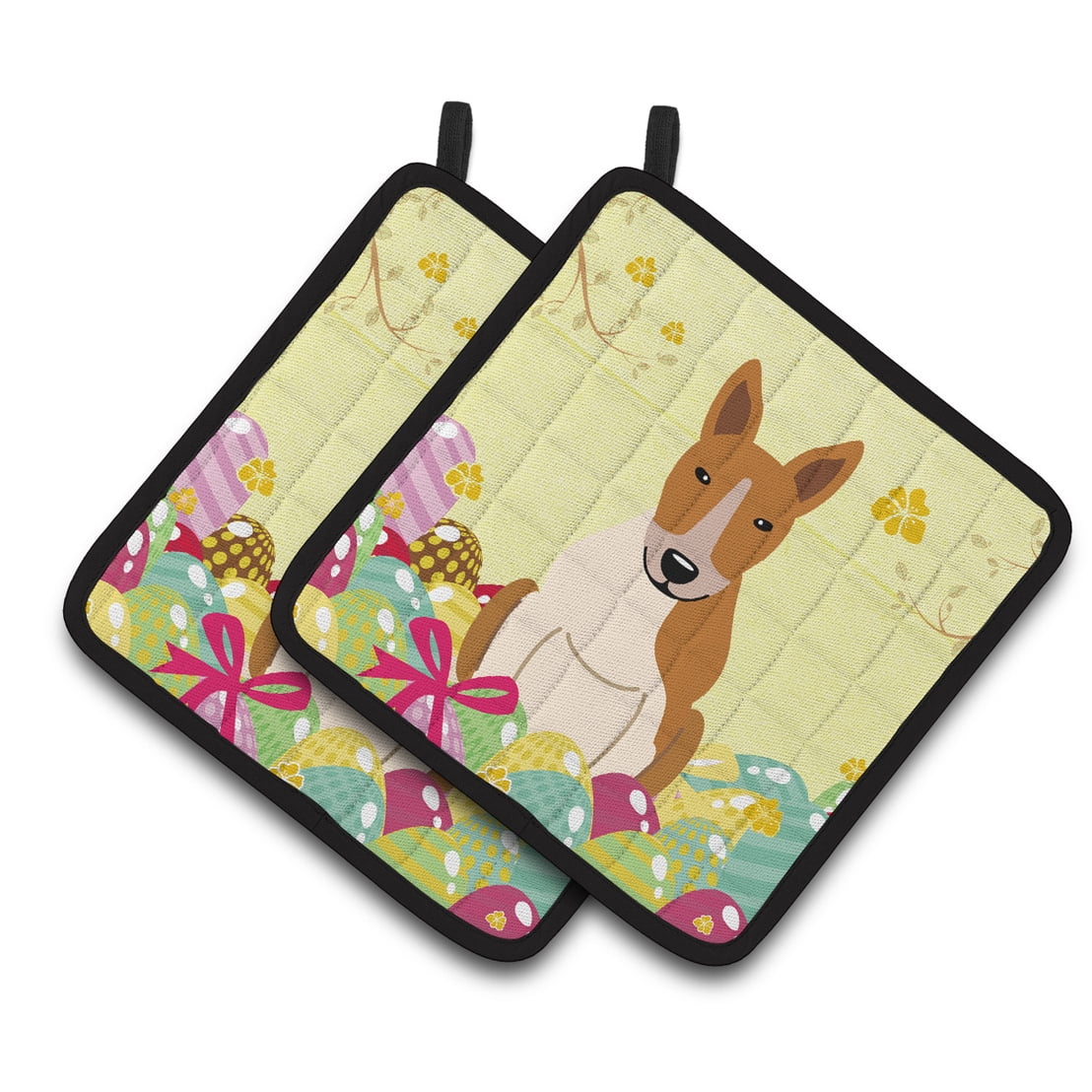 BB6135PTHD Easter Eggs Bull Terrier Red White Pair of Pot Holders