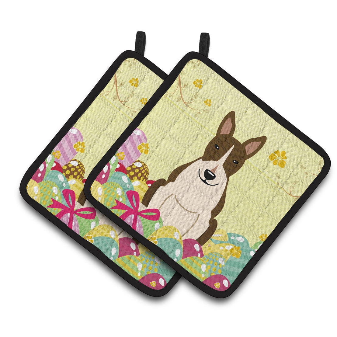 BB6136PTHD Easter Eggs Bull Terrier Dark Brindle Pair of Pot Holders