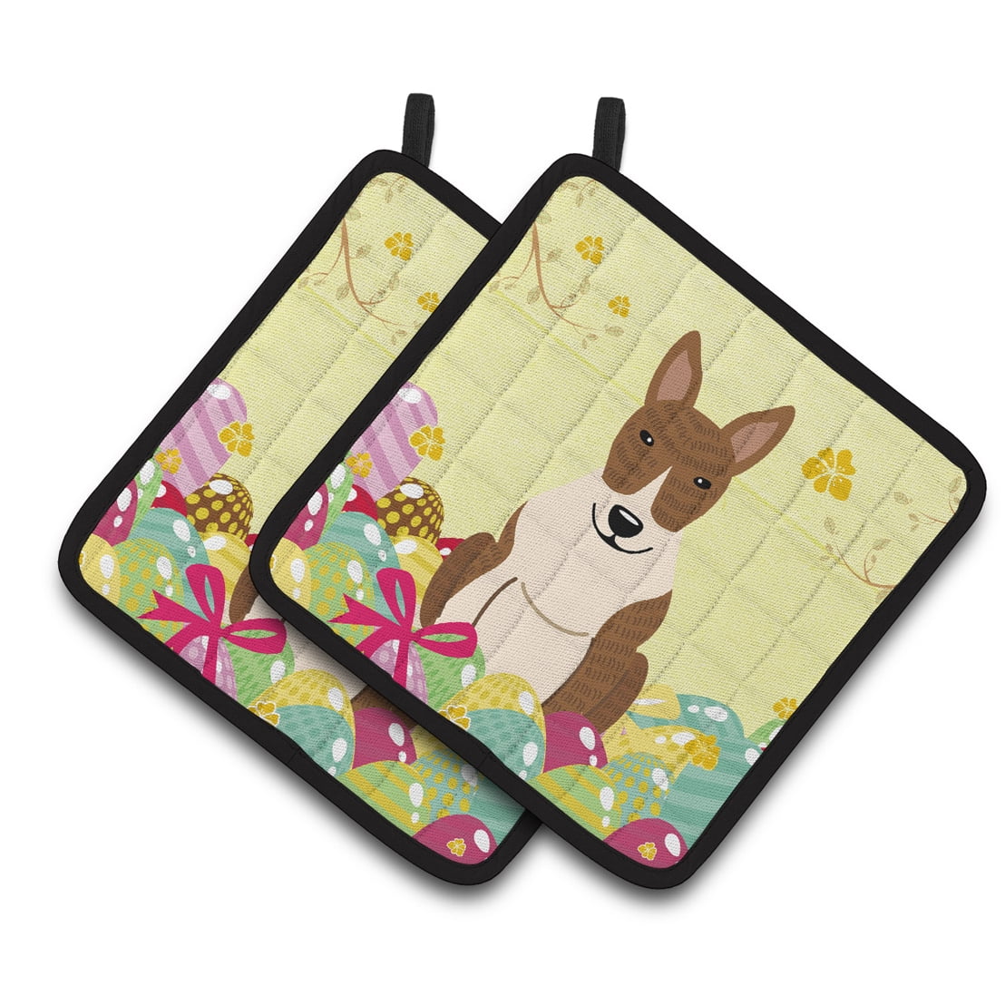 Easter Eggs Bull Terrier Brindle Pair of Pot Holders