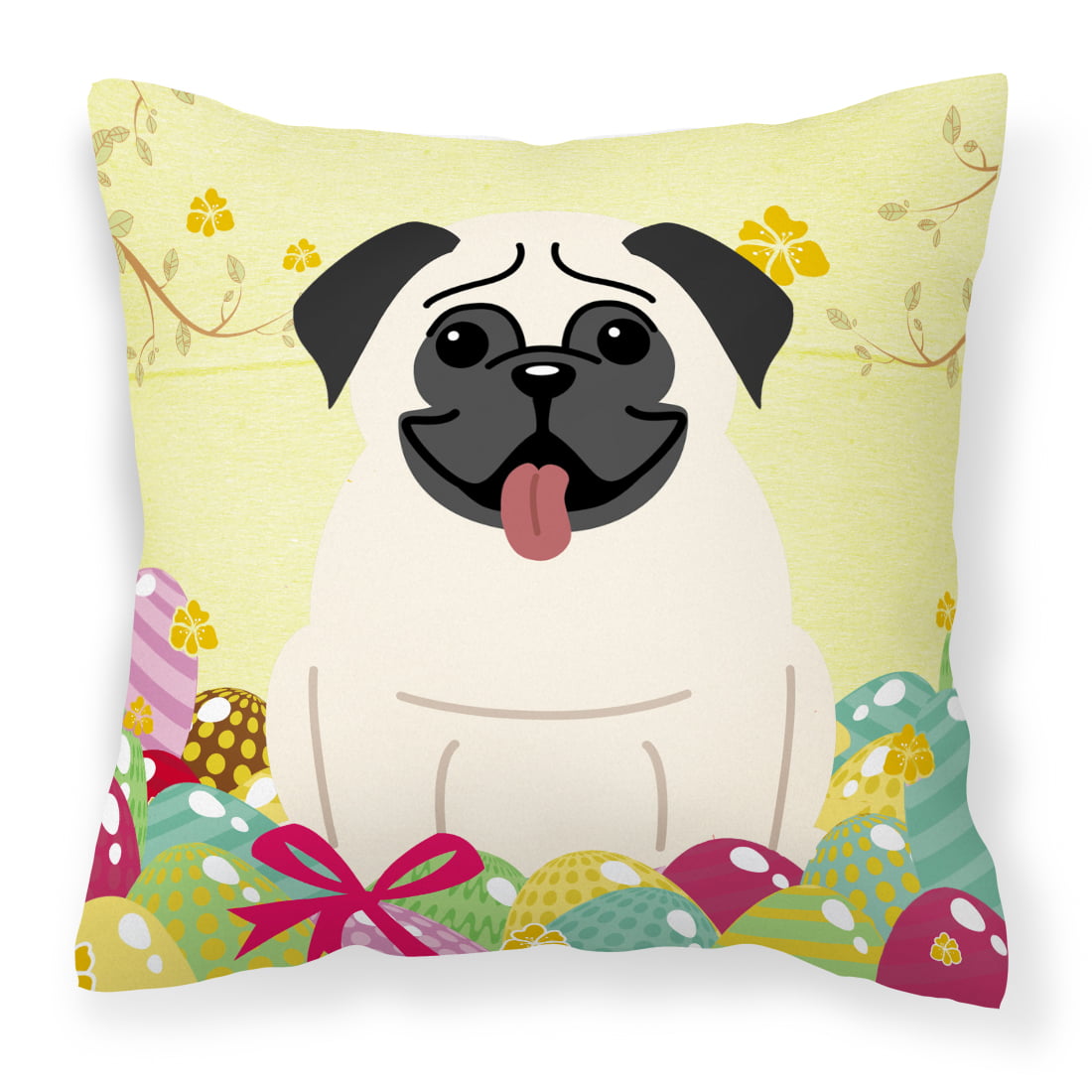 BB6004PW1414 Easter Eggs Pug Cream Fabric Decorative Pillow