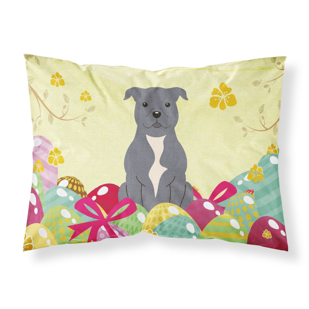 BB6046PILLOWCASE Easter Eggs Staffordshire Bull Terrier Blue Fabric Standard Pillowcase