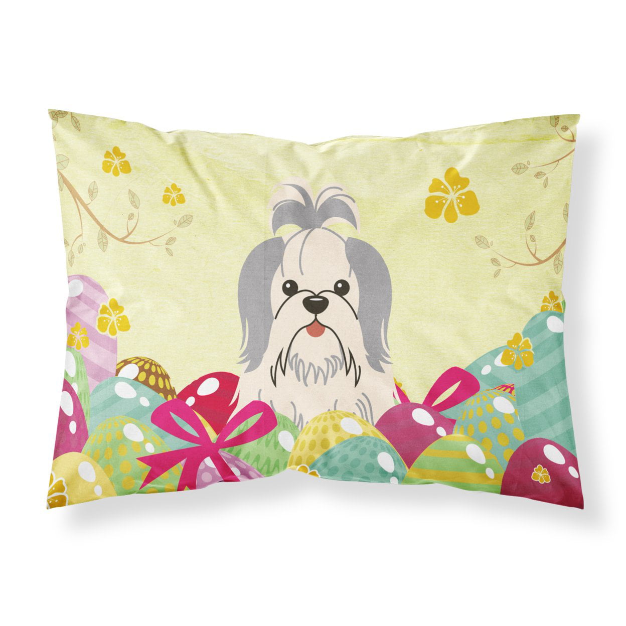 BB6085PILLOWCASE Easter Eggs Shih Tzu Silver & White Fabric Standard Pillowcase