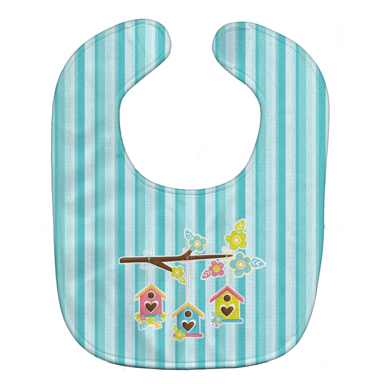 Birdhouses on Blue Stripes Baby Bib