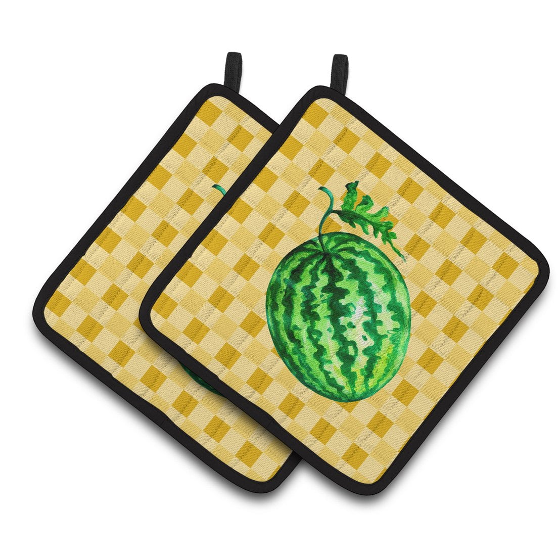 Whole Watermelon on Basketweave Pair of Pot Holders
