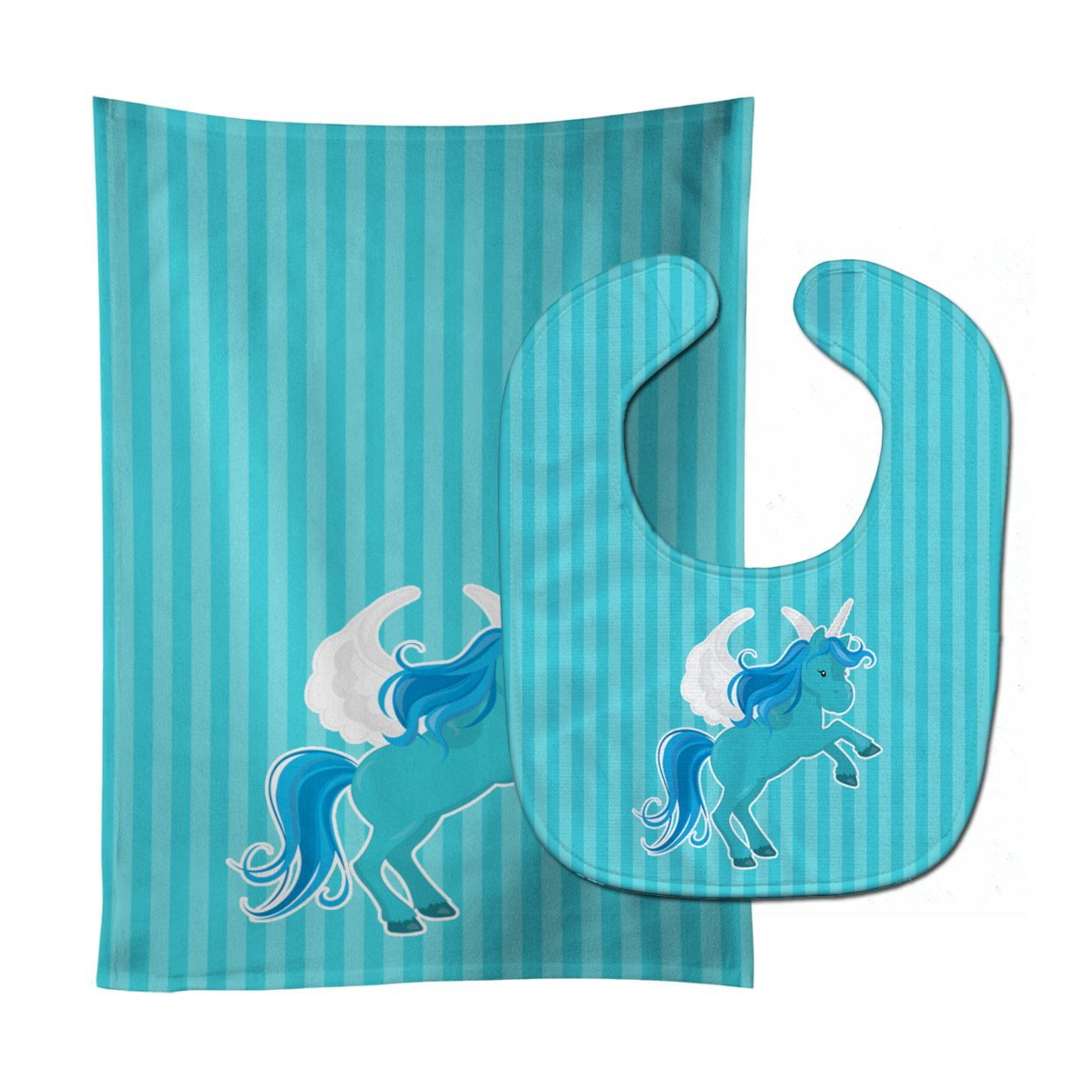 Unicorn Blue Stripes Baby Bib & Burp Cloth
