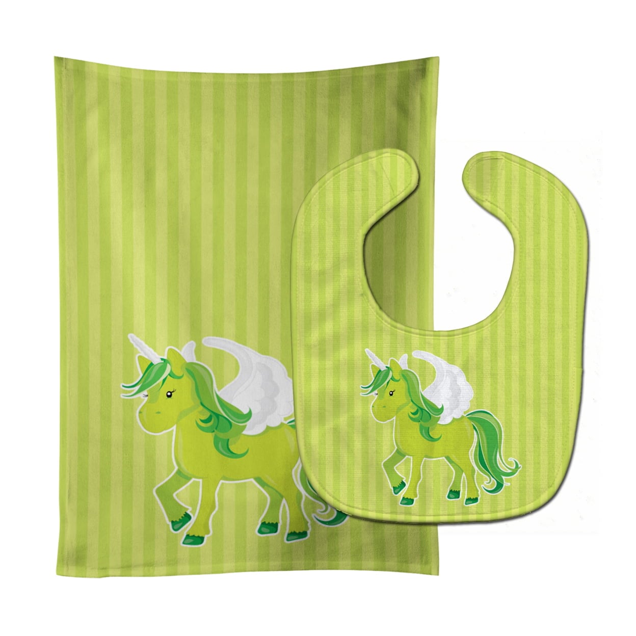 Unicorn Green Stripes Baby Bib & Burp Cloth