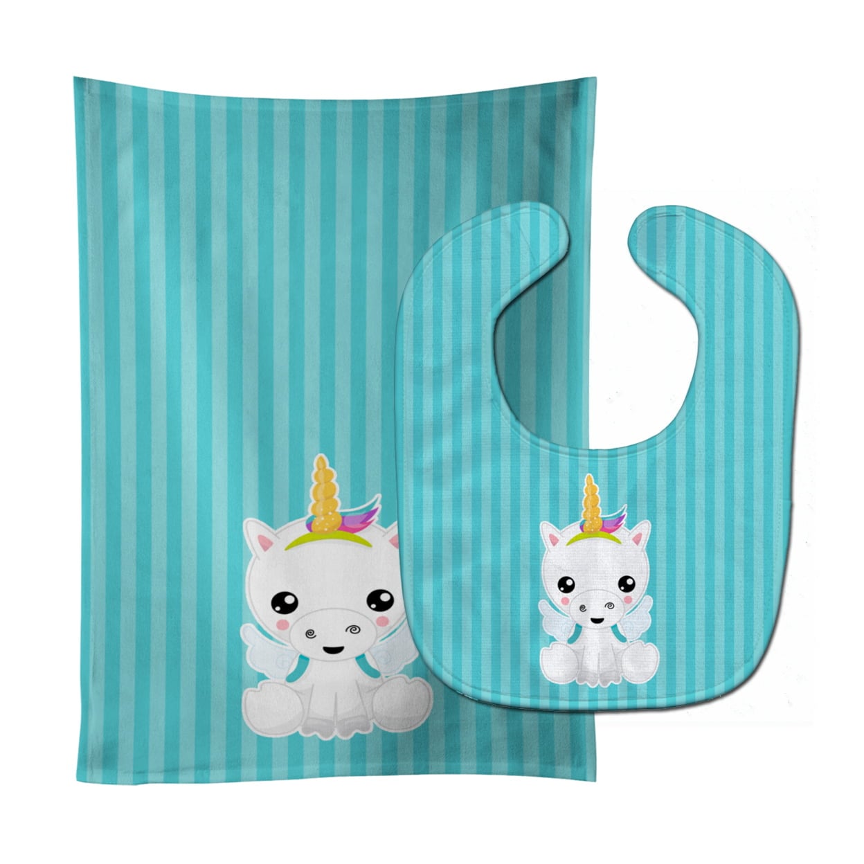 Unicorn on Blue Stripes Baby Bib & Burp Cloth