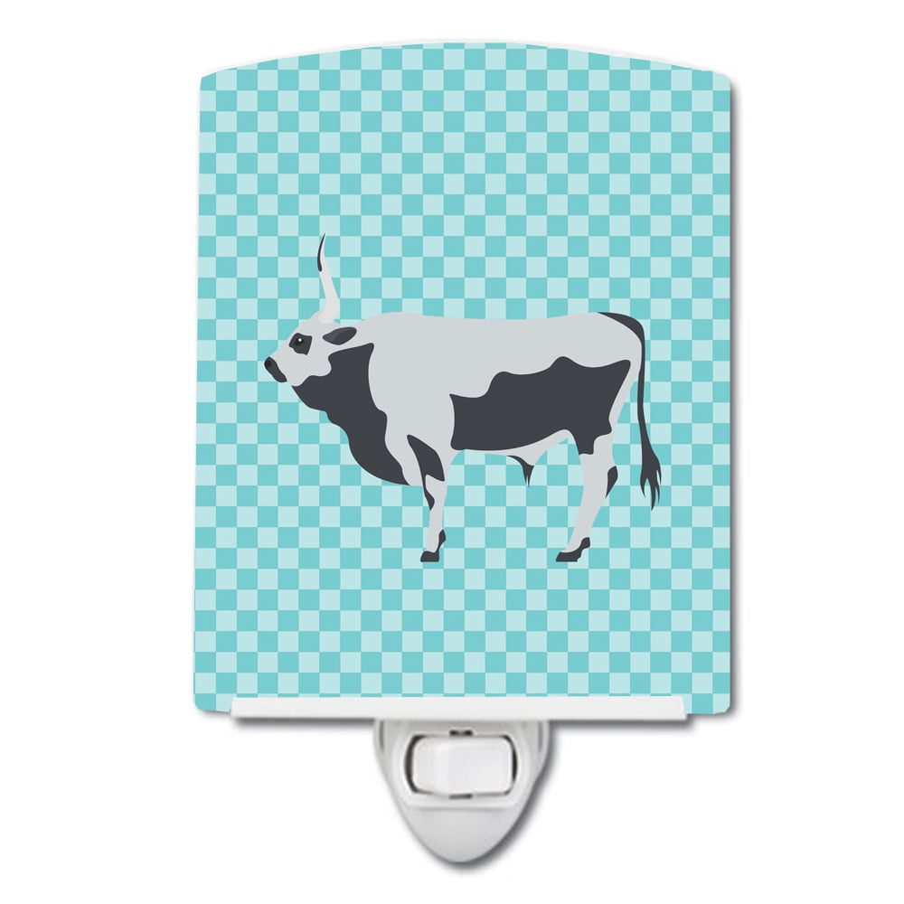 Hungarian Grey Steppe Cow Blue Check Ceramic Night Light