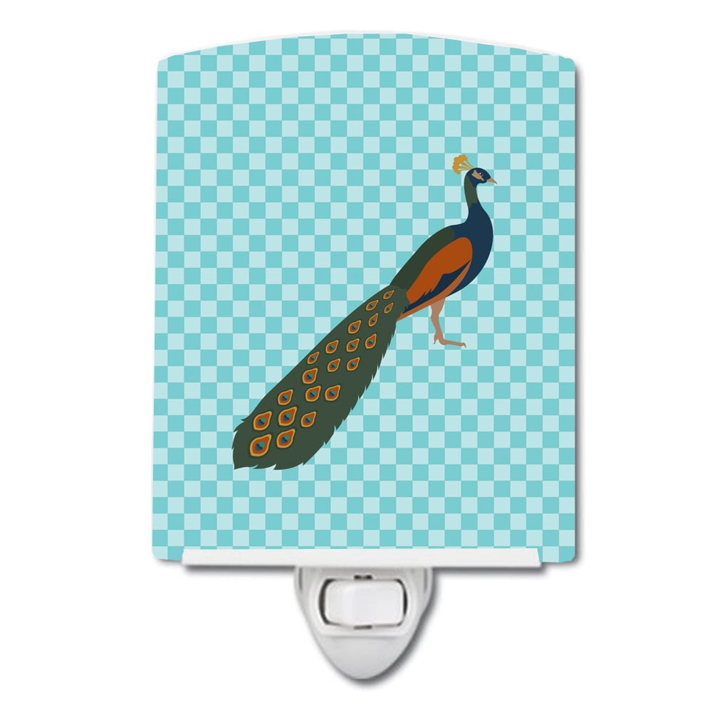 BB8099CNL Indian Peacock Peafowl Blue Check Ceramic Night Light