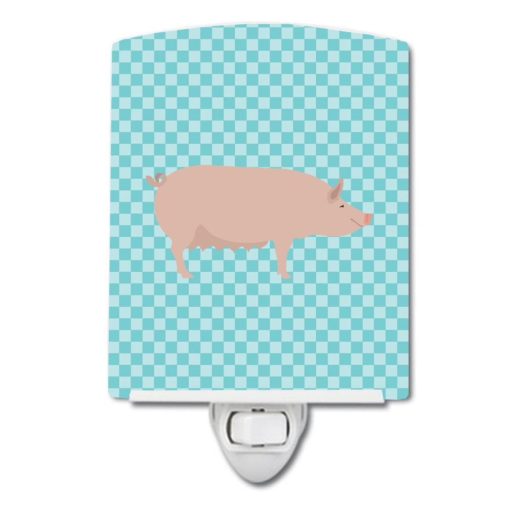 English Large White Pig Blue Check Ceramic Night Light