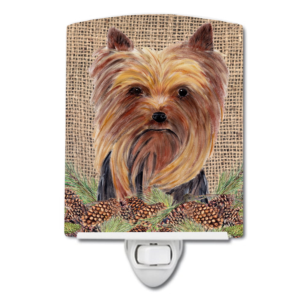 Yorkie Faux Burlap & Pine Cones Ceramic Night Light