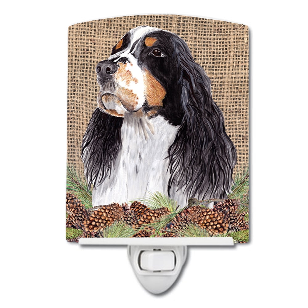 Springer Spaniel Faux Burlap & Pine Cones Ceramic Night Light