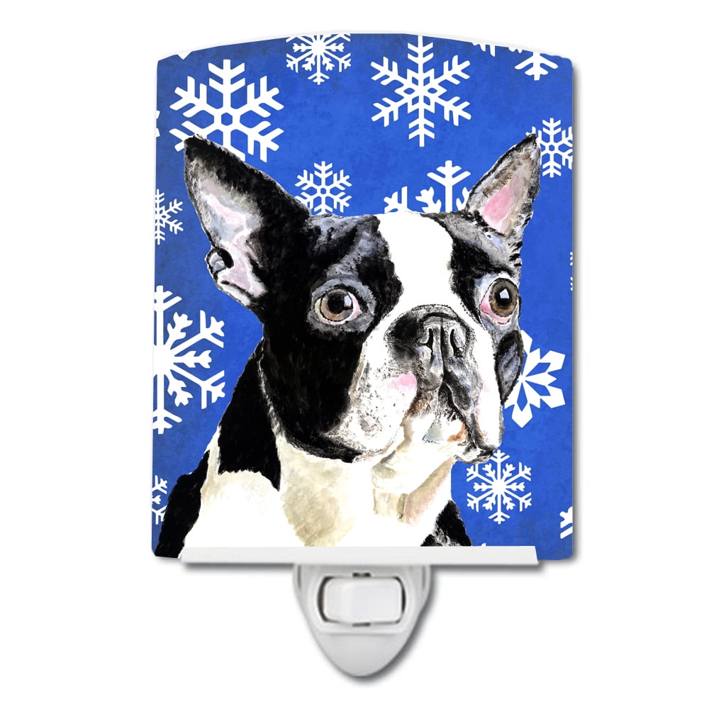 Boston Terrier Winter Snowflakes Holiday Ceramic Night Light