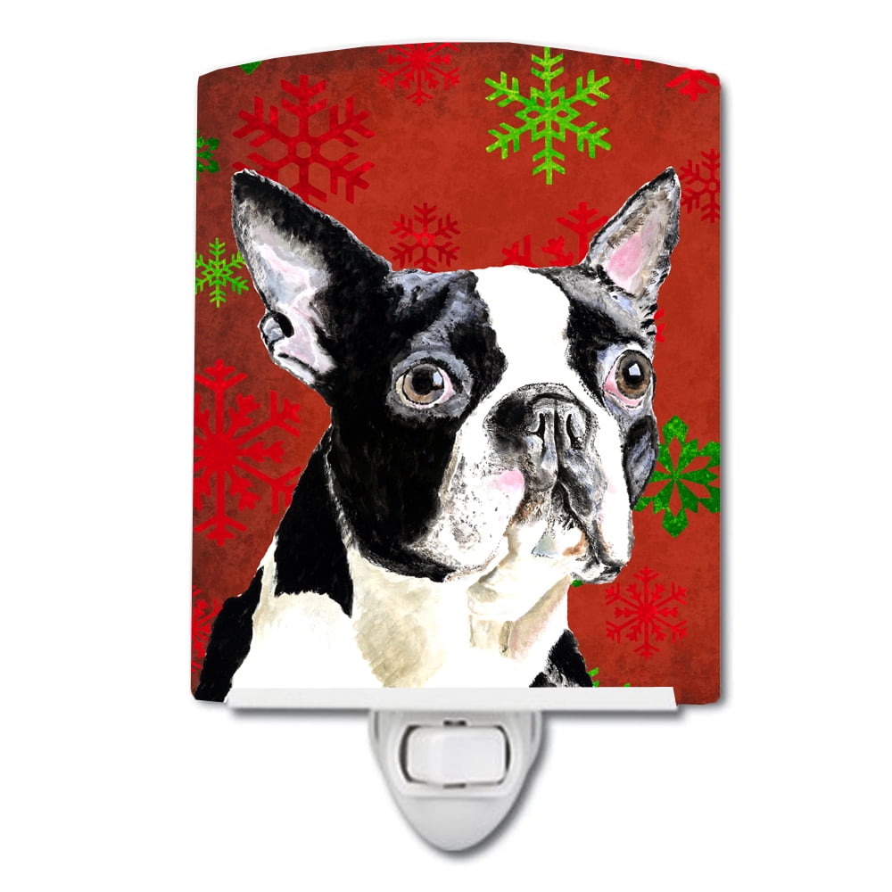 Boston Terrier Red & Green Snowflakes Christmas Ceramic Night Light