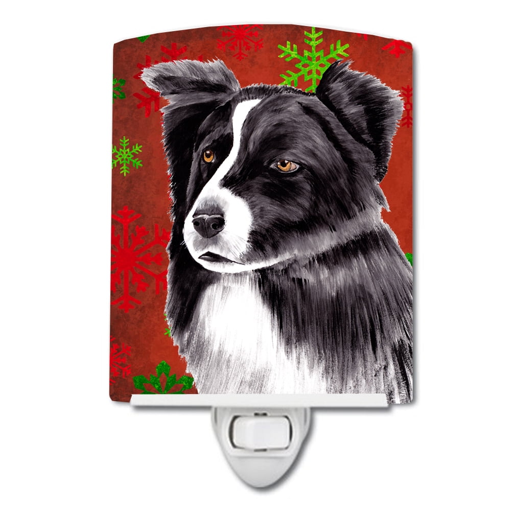 Border Collie Red & Green Snowflakes Holiday Christmas Ceramic Night Light