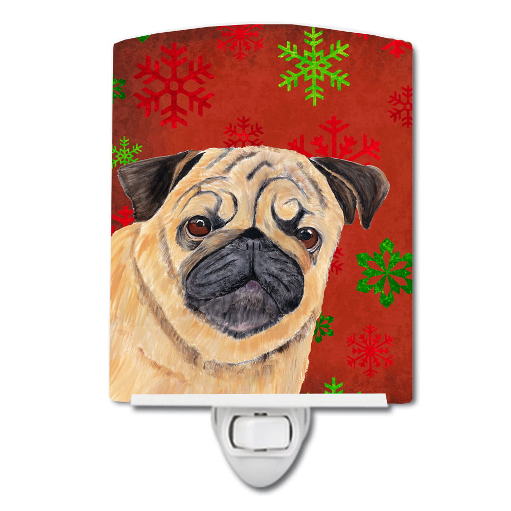 Pug Red & Green Snowflakes Holiday Christmas Ceramic Night Light