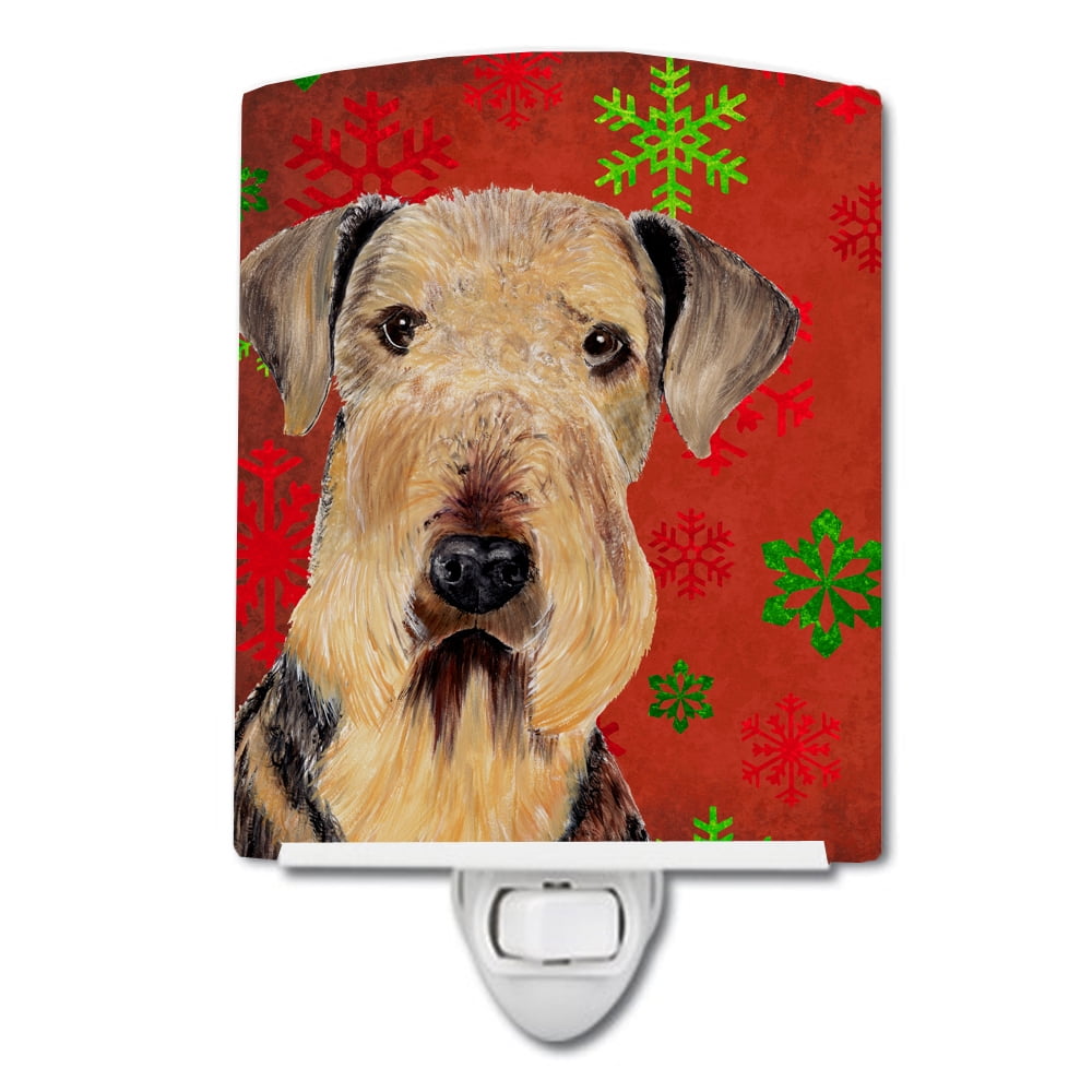 Airedale Red & Green Snowflakes Holiday Christmas Ceramic Night Light