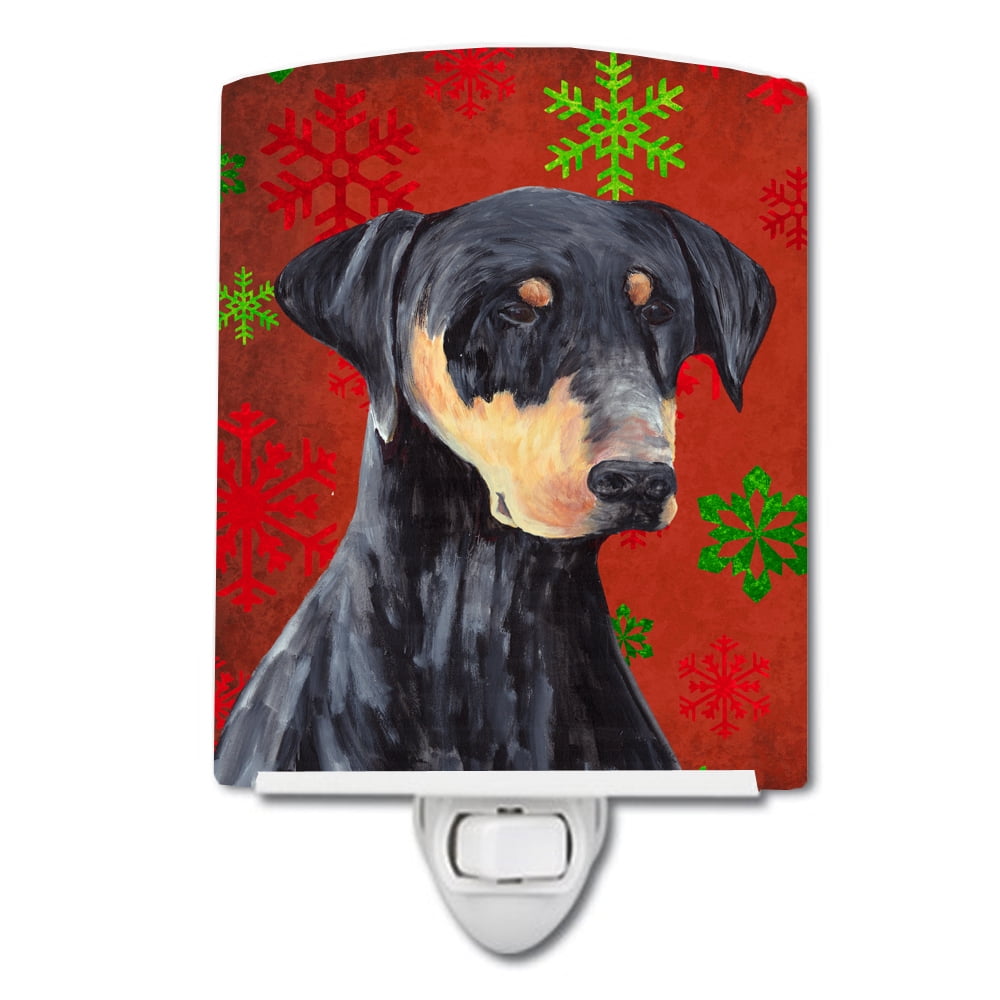 Doberman Red & Green Snowflakes Holiday Christmas Ceramic Night Light