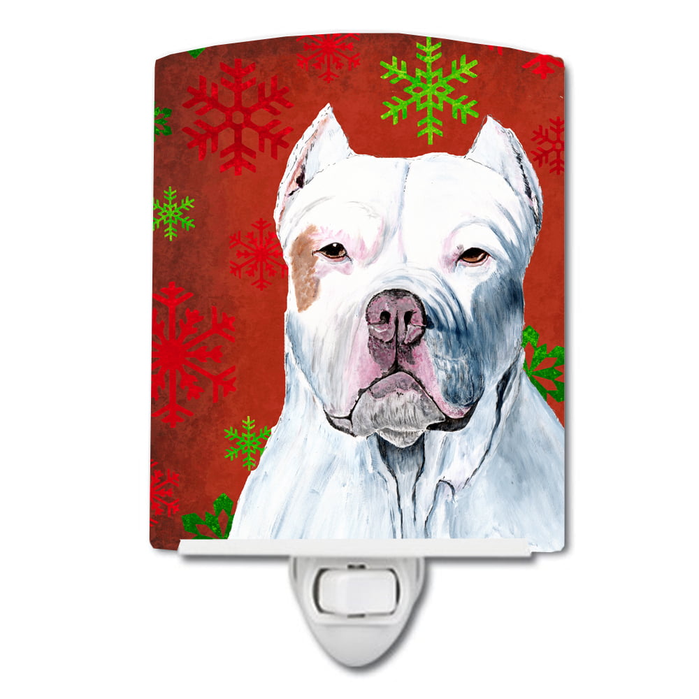 Pit Bull Red & Green Snowflakes Holiday Christmas Ceramic Night Light