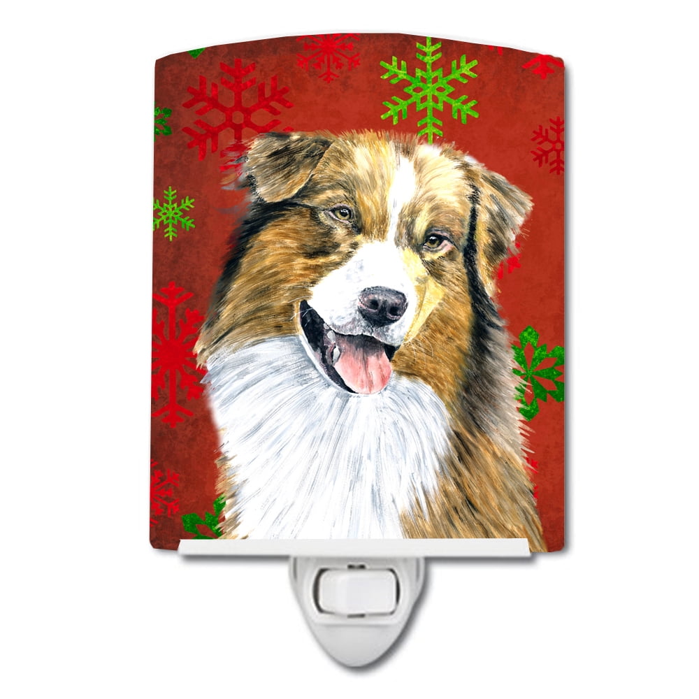 Australian Shepherd Red & Green Snowflakes Christmas Ceramic Night Light