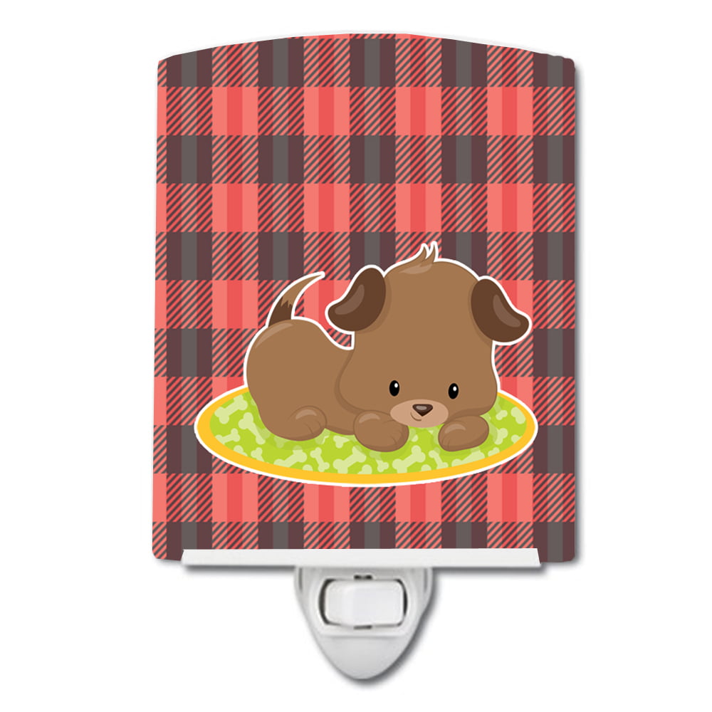 BB7072CNL Puppy on Black Red Gingham Ceramic Night Light