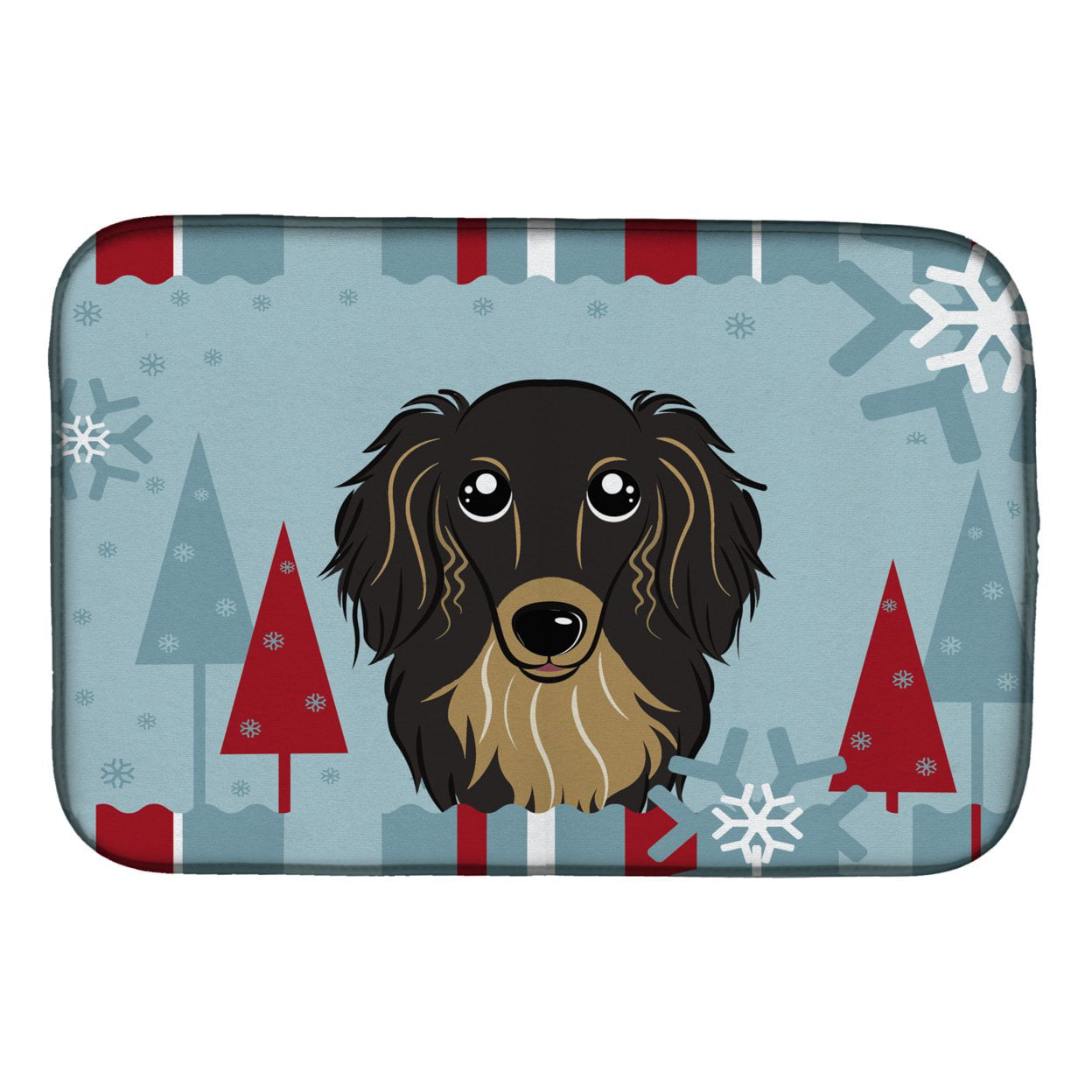 Winter Holiday Longhair Black & Tan Dachshund Dish Drying Mat