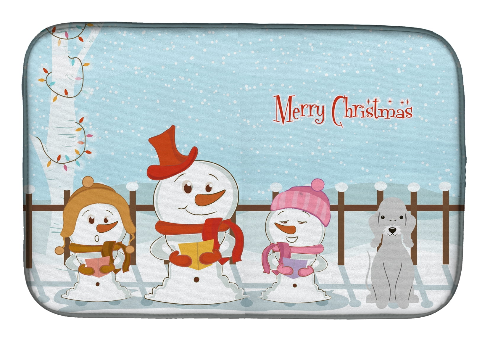 Merry Christmas Carolers Bedlington Terrier Blue Dish Drying Mat