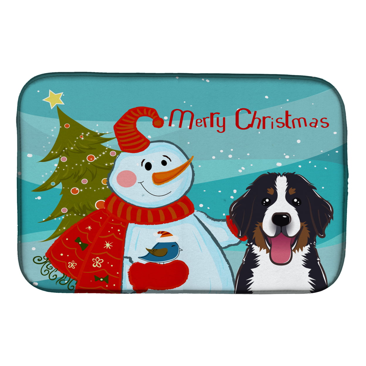 Snowman With Bernese Mountain Dog Dish Drying Mat