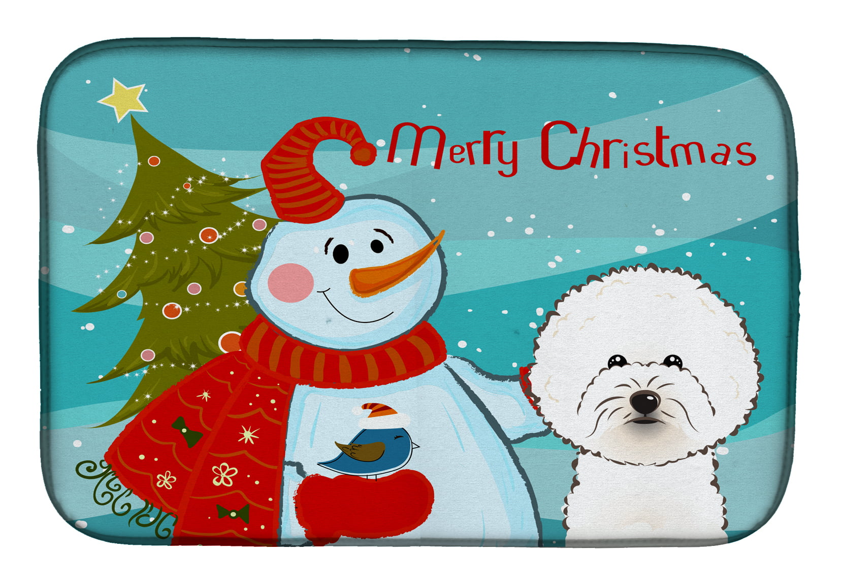 Snowman With Bichon Frise Dish Drying Mat