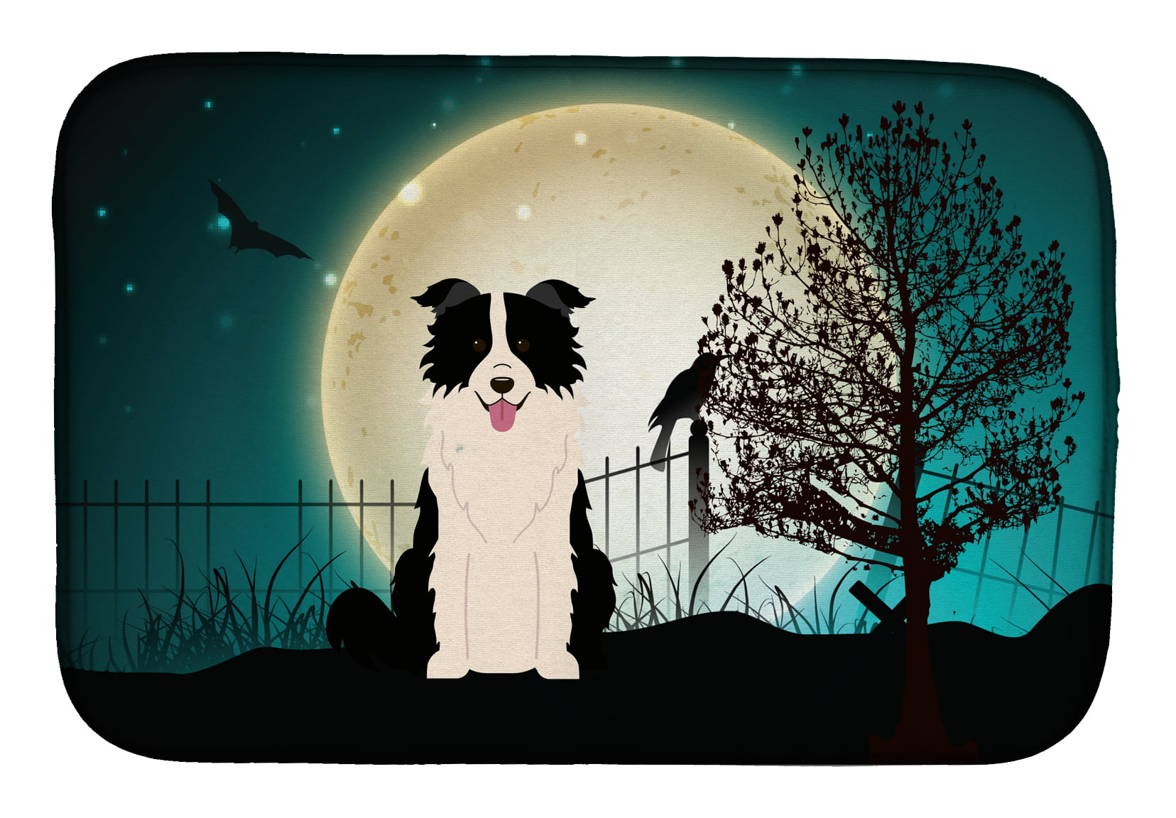 Halloween Scary Border Collie Black & White Dish Drying Mat