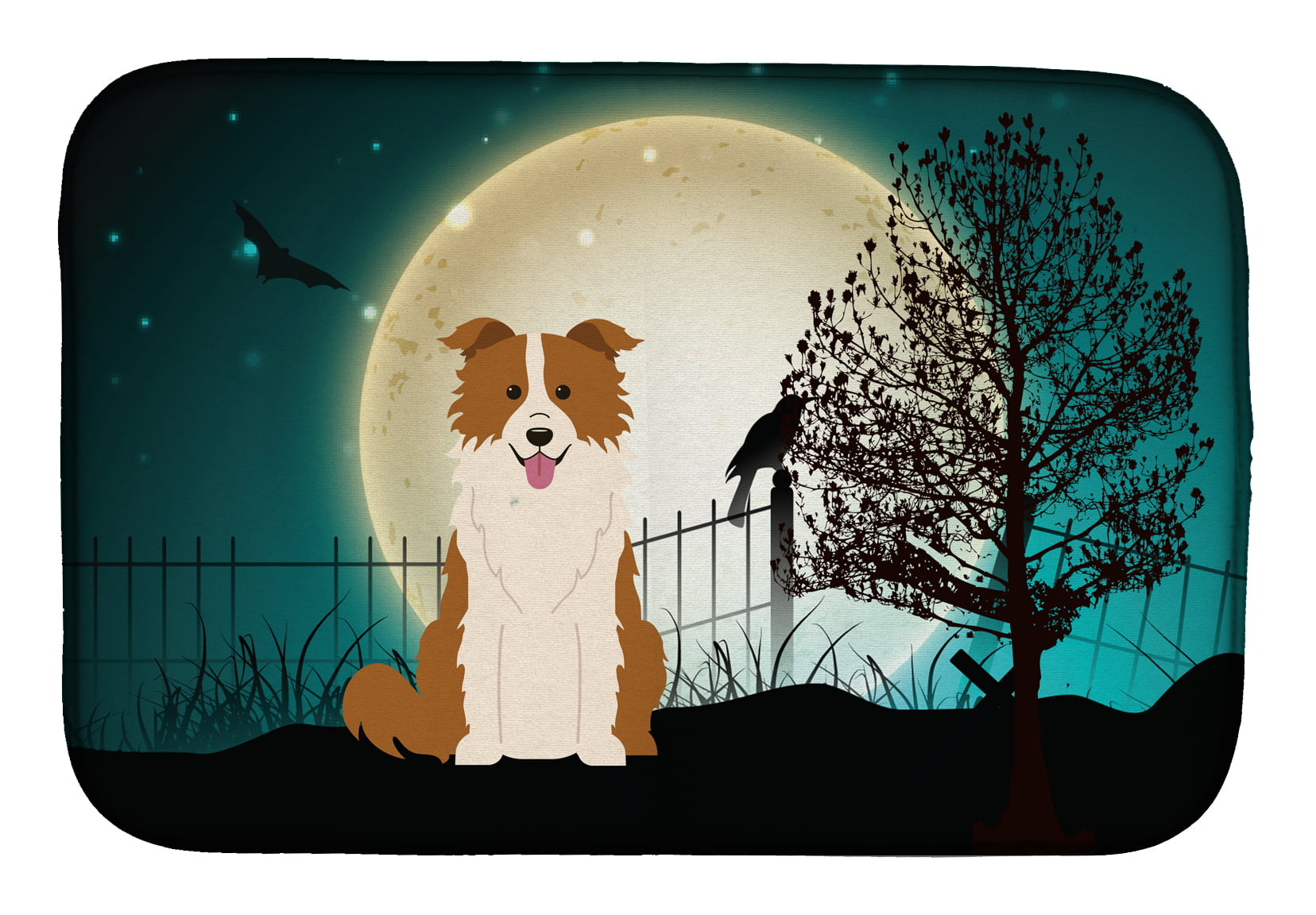 Halloween Scary Border Collie Red White Dish Drying Mat